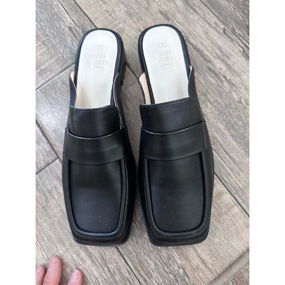 Oasis Society Women's Black Square Toe Leather Slip On Penny Loafers Size 8.5